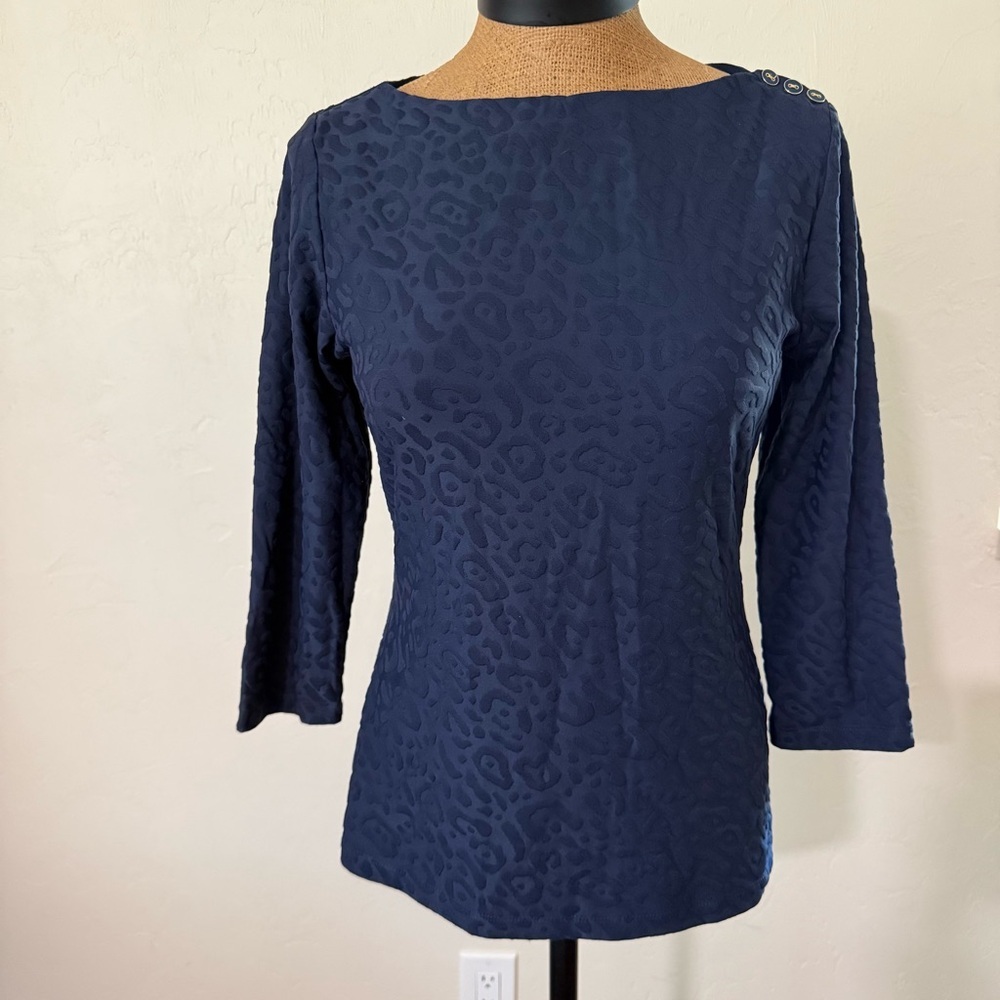 J. McLaughlin Catalyst boatneck top textured navy stretch velvet leopard print​